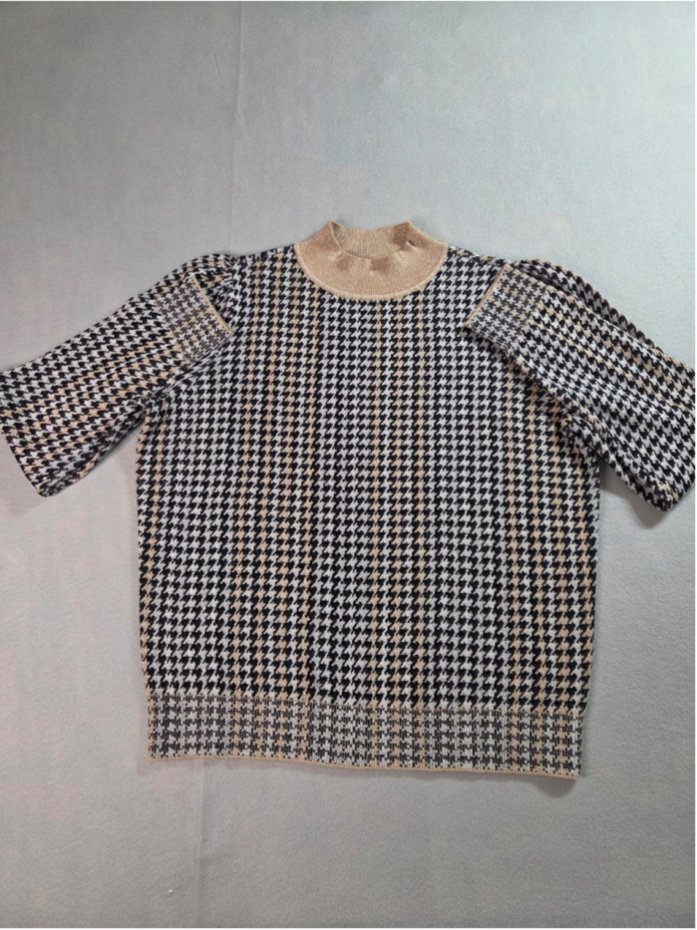 Ann Taylor Metallic Houndstooth Mock Neck Sweater Gold Black Size M Shimmer